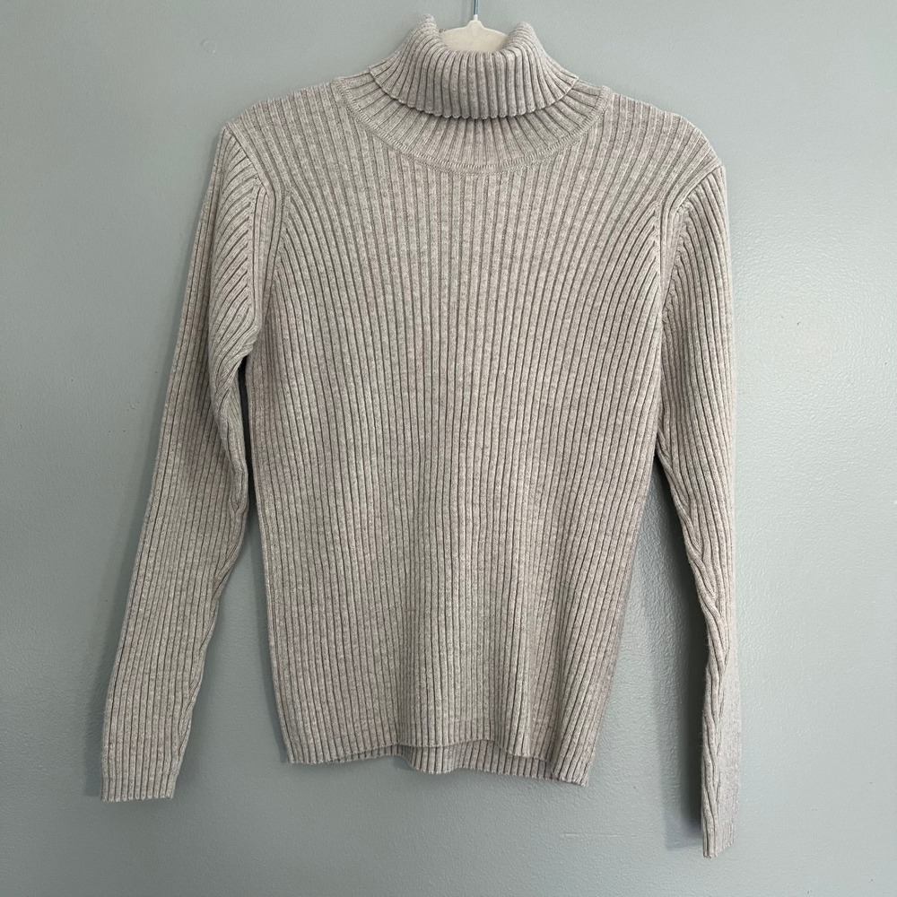 LL Bean Ribbed knit Turtleneck Sweater Oatmeal Beige Cotton Size M Essential